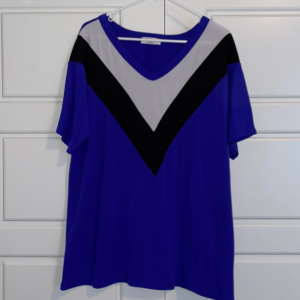 Zenana Chevron Royal Blue Black White Top Short Sleeve